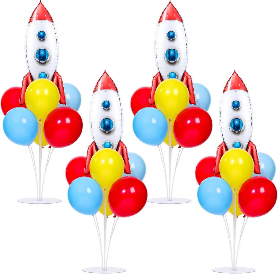 4 Sets Toy Inspired Themed Party Balloons Stand Kit With 4 Rocket Foil Balloons Toy Themed Red Blue Yellow Balloon Centerpiece for Tables for Boys Birthday Baby Shower Cartoon Party Decorations