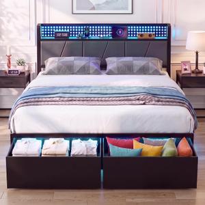 Full Size Bed Frame with 2 Drawers, Platform Bed with LED Lights & Charging Station, Upholstered Headboard with Storage Shelve, Noise Free, Metal Slats Support, No Box Spring Needed
