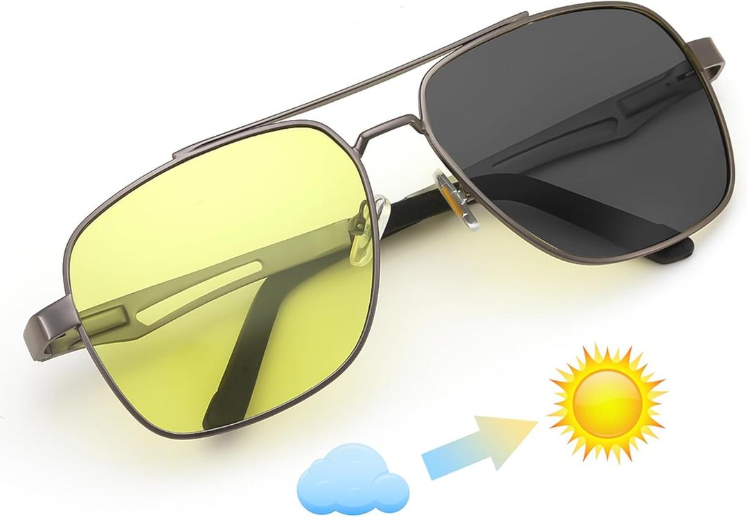 FEISEDY Polarized Aviator Photochromic Sunglasses Men Women for Day and Night Driving Metal Frame B0172 (Gun Grey-yellow)