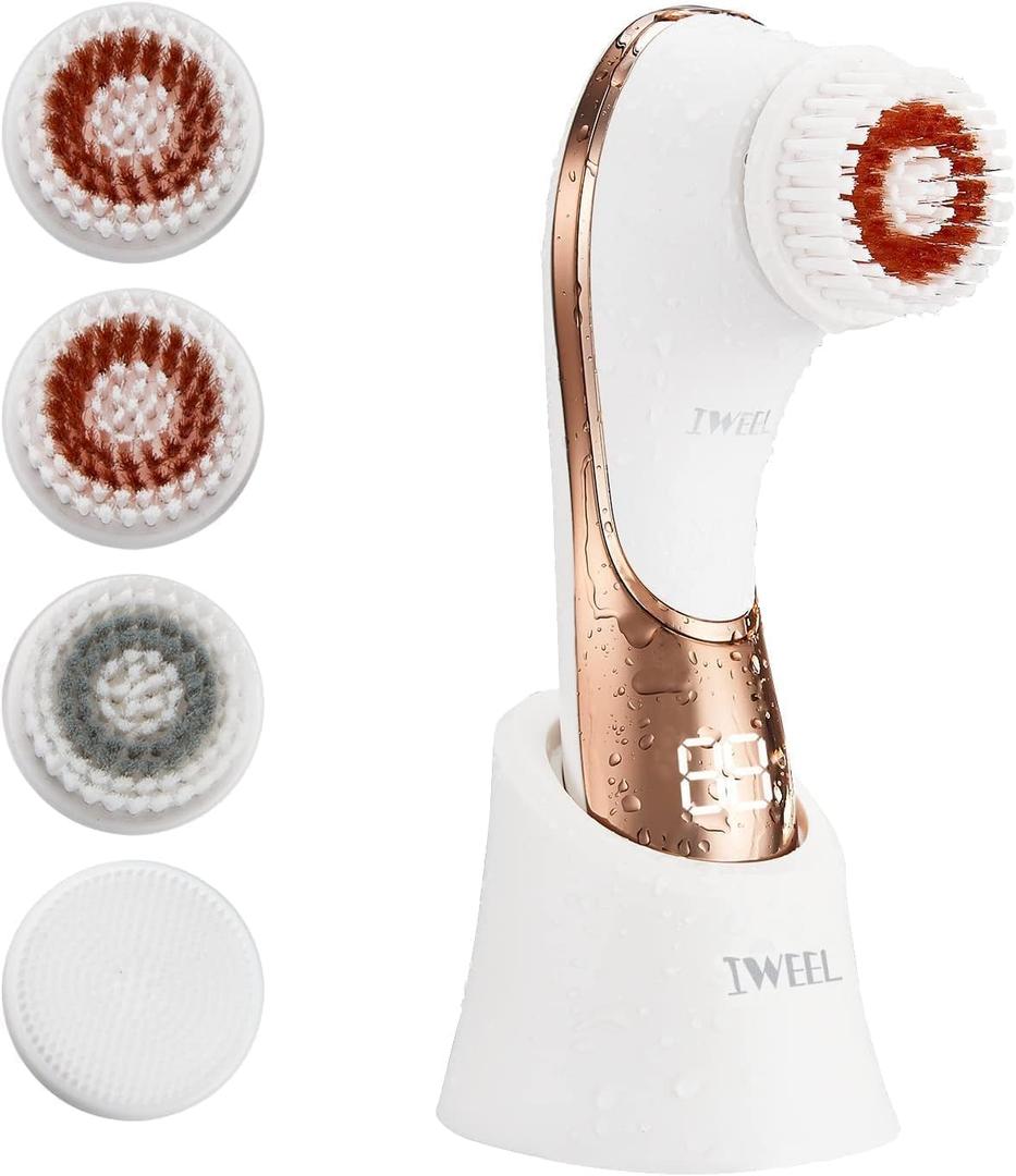 Electric Face Brush Scrubber Rechargeable Facial Exfoliator IPX-7 Waterproof Spin Cleanser Rotating Spa Machine for Exfoliating, Massaging and Deep Cleansing with 4 Brush Heads (White & Rose Gold)