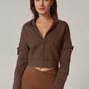 QINSEN Hoodies for Women Full Zip Up Cropped Jacket Long Sleeves with Cargo Pockets Sweatshirts Tops (Brown, XS)