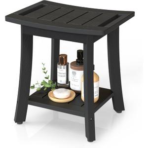 Waterproof Shower Benches for Inside Shower, Poly Lumber Shower Stool with Storage Shelf & Adjustable Feet, SPA Bathroom Seat Chair for Shaving Legs, Indoor or Outdoor Use, Black