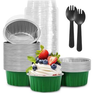 YOIYINI St. Patrick's Day 50Pcs Mini Aluminum Foil Cupcake Baking Cups, 5oz Cake Pans Disposable, Mini Loaf Pans with Lids, Disposable Ramekins, Tin Cups Containers for Cupcake, Pudding, Muffin (50, Green)