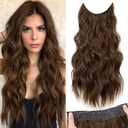 KooKaStyle Invisible Wire Hair Extensions with Transparent Wire Headband Adjustable Size 4 Secure Clips Long Wavy Hairpiece 20 Inch Medium Brown for Women