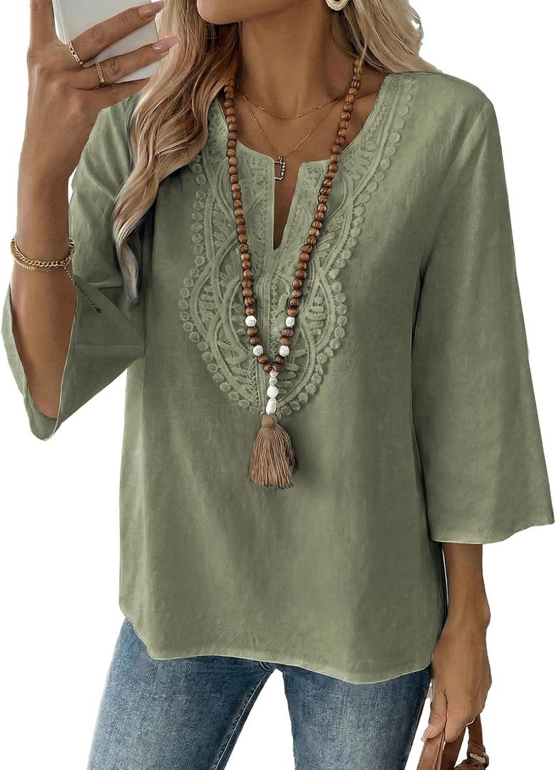 EVALESS Boho Tops for Women Blouses Dressy Casual V Neck 3/4 Sleeve Shirts Spring Outfits Trendy Vacation Clothes (Green, M)