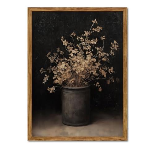 Framed Vintage Floral Wall Art, Rustic Dark Moody Flower Paintings Wall Decor, Retro Farmhouse Botanical Pictures Canvas Prints Neutral Aesthetic Home Decor for Living Room Bedroom 16x24inch
