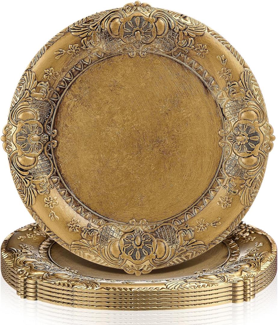 Mifoci Antique Gold Charger Plates Set of 6 Plastic Gold Chargers for Dinner Plates Decorative 13" Round Plate Bulk with Embossed Rim for Dinner, Party, Wedding(Classic)