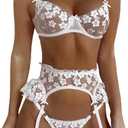 Kaei&Shi Bridal Lingerie,Floral Lace Ruffle Garter Lingerie Set,3 Piece Bachelorette Outfit For Bride Wedding Night Honeymoon (8-10, White), S
