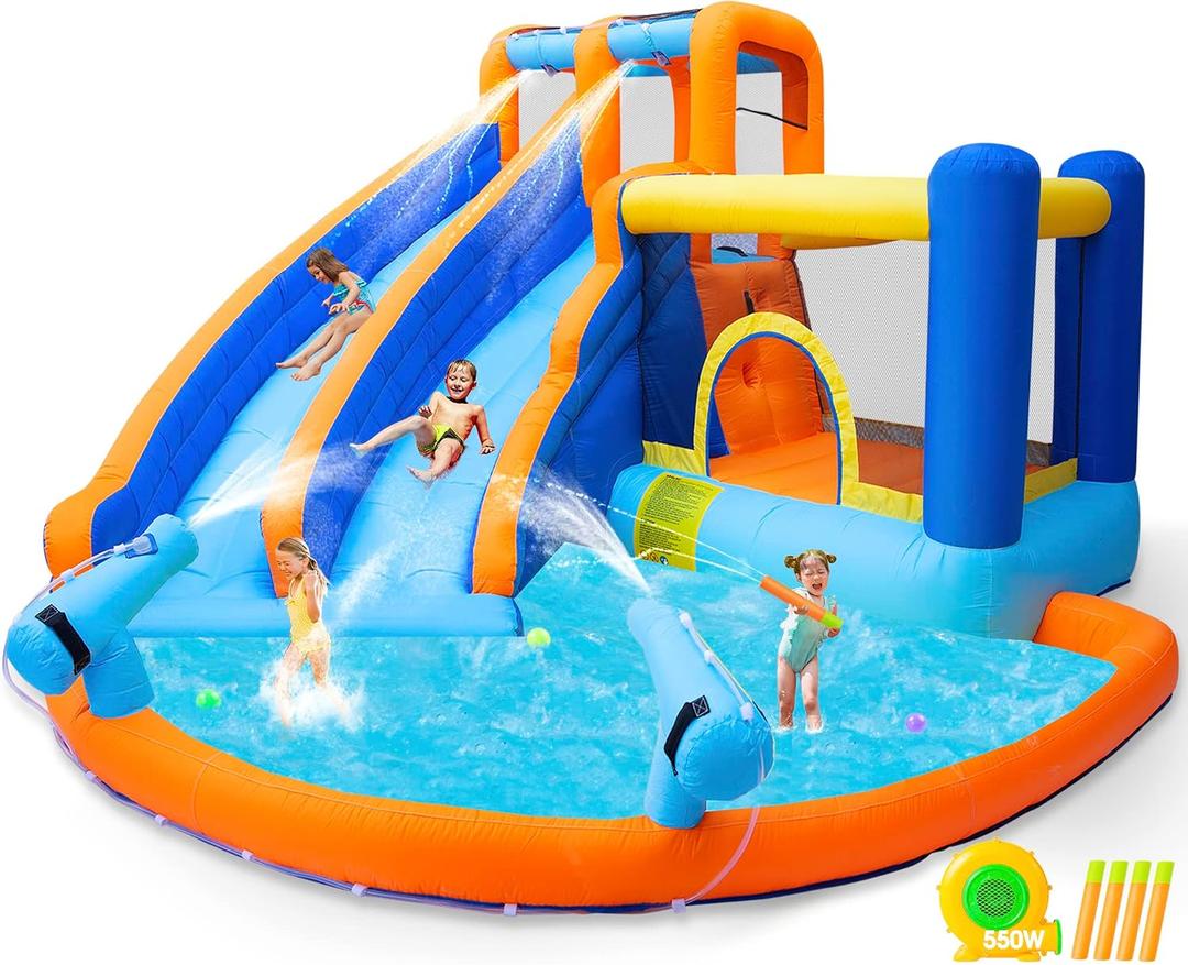 JOYLDIAS Inflatable Water Slide Bounce House,Giant Water Park, Double Slide Bouncer Castle w/Splash Pool, Jump Area, Climbing Wall, 550W Air Blower for Kids Backyard Indoor Outdoor Use,Free Water Gun