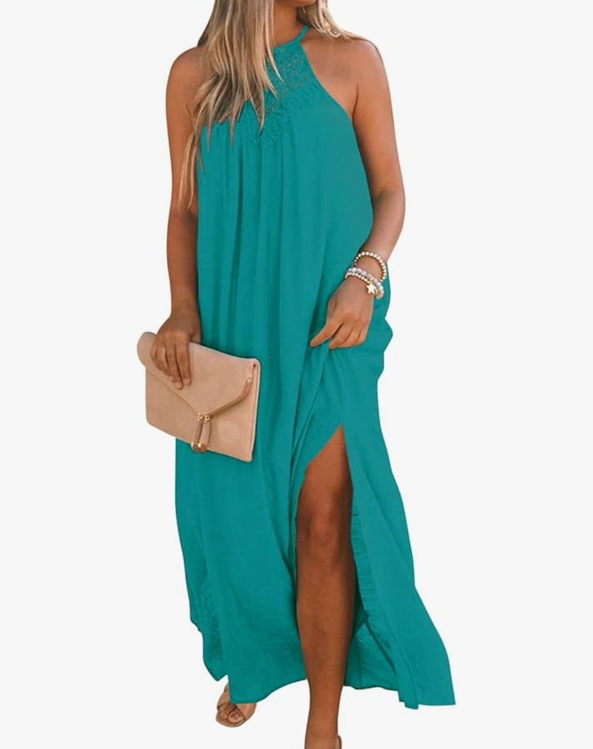 FARORO Sleeveless Long Dress for Women Boho Halter Maxi Sundress Casual Loose Dresses Split Cover Up Gown with Pockets, Large