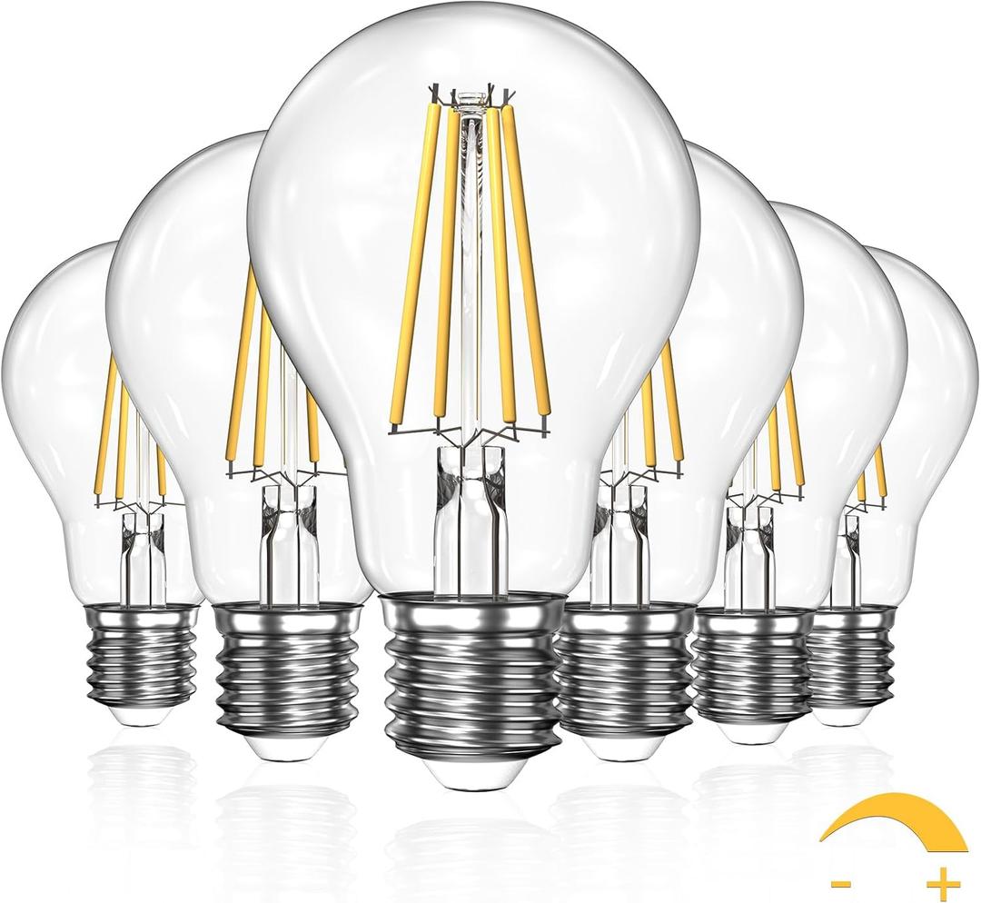 Dimmable A19 Clear LED Light Bulbs 60W Equivalent, 2700K Soft Warm White Light Bulbs 6W E26 Base, Antique Clear Glass Bulb for Living Room Bedroom Outdoor, 6Packs