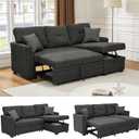 Sectional Sleeper Sofa with Pull Out Bed, L Shape Convertible Linen Couch with Storage Chaise, 2 in 1 Pull Out Sofa Bed with 2 Seats, for Living Room, Apartment, Charcoal Black