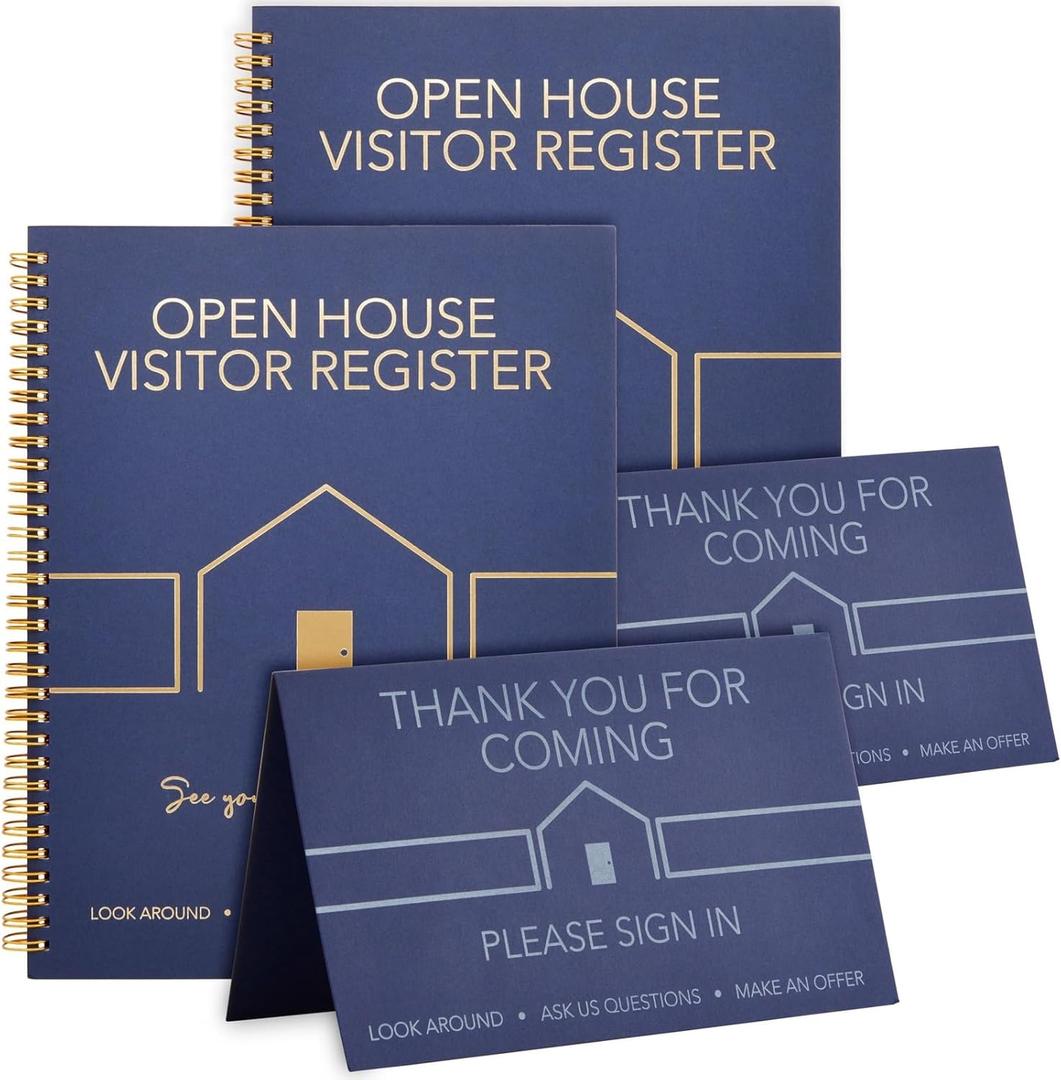 Juvale 2 Pack Sign in Book for Open House Visitors, Guest Registry with 2 Pack Realtor Tent Cards for Real Estate Agent Supplies, Home Sale Business (Navy Blue, 8.5x11)
