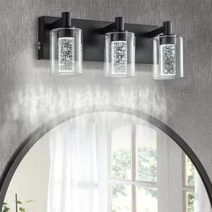 SineRise Vanity Light with 3 Color Modes (3000K/4000K/6000K), Eye Protection LED Bathroom Light Fixture, Dimmable Modern Wall Light Over Mirror with Clear Glass Shade (Black, 3-Light)