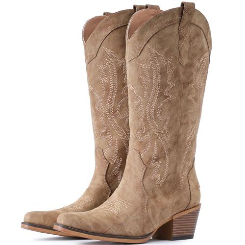 IUV Cowboy Boots For Women Western Cowgirl Boots with Chunky Heel Mid Calf Snip Toe Ideal for low insteps 6