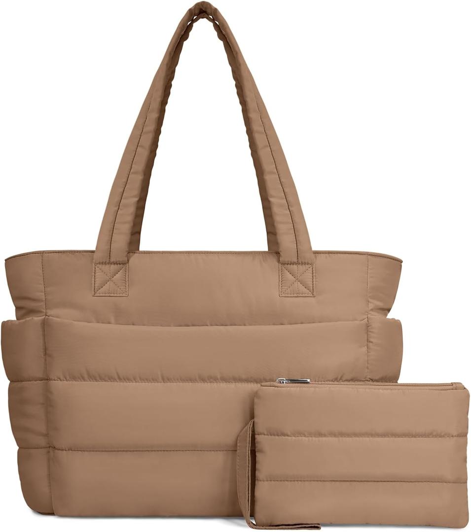 TOPDesign Puffer Tote Bag for Women, Lightweight Puffy Handbag with Compartments, Quilted Shoulder Bag for Work, Travel, Gym (Medium, Khaki)