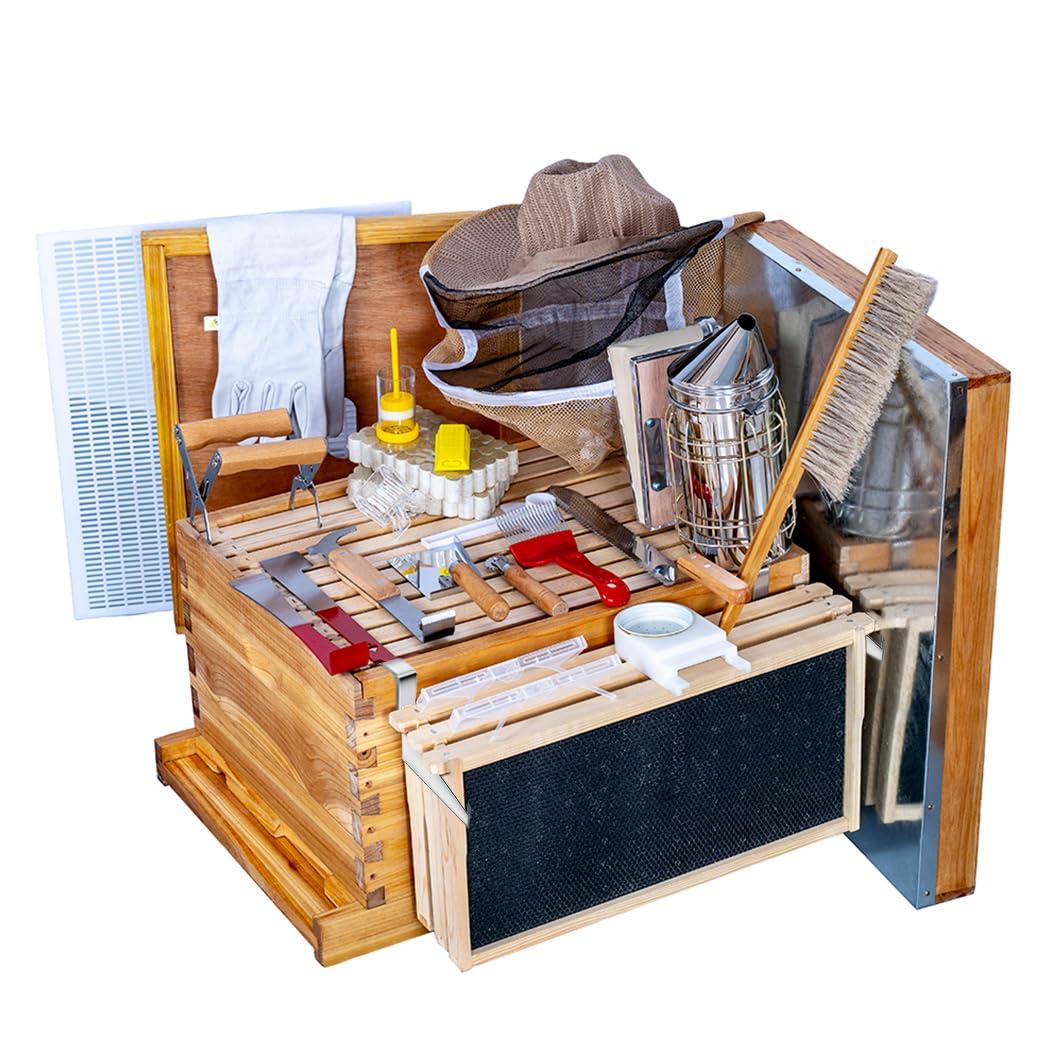 Beehive Starter Kit 8-Frame Bee Boxes and Frames Starter Kit Wax Coated Bee Hives and Supplies Starter Kit Including Beekeeping Tools Kit with Beekeeping Veil