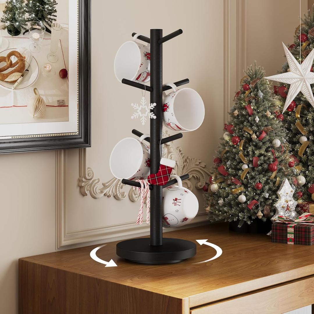 Coffee Mug Holder Tree, Upgraded 360 Rotated Coffee Cup Holder for Counter, Wood Coffee Mug Tree, Coffee Mug Rack with 8 Hooks, Coffee Mug Organizer Station, Mug Stand Coffee Bar Accessories, Black