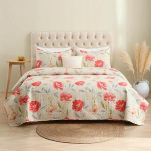 MERRY HOME Queen Bedspread Set, 3-Piece Queen Size Quilt Sets with 2 Pillow Shams Boho Reversible Soft and Lightweight Queen Quilt Bedding Bedspread Coverlet Set Poppy
