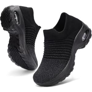 HKR Women's Walking Shoes Arch Support Non Slip Work Shoes Breathable Knit Upper Lightweight for Plantar Fasciitis (8, Black Mix)