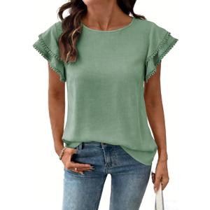 Dokotoo Summer Tops for Women 2026 Casual Round Neck Ruffle Cap Sleeve Blouse Shirts Solid Color Tunic Tops M