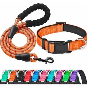 Ladoogo Reflective Dog Collar Padded with Soft Neoprene Breathable Adjustable Nylon Dog Collars for Small Medium Large Dogs (Medium (Pack of 1), Orange Collar+Leash)
