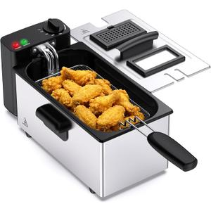OLIXIS Deep Fryer for Home Use, Small Electric Fryer with 3 Liter Capacity, 1500W Power, 4 Adjustable Temp, Lid with Viewing Window for Fried Chicken, Shrimp, French Fries, Silver
