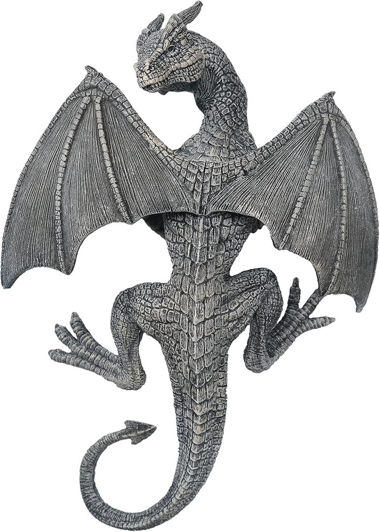 Dragon Winged Gargoyle Fence Hanger Outdoor Wall Decor- Detailed Fence Topper Hanging Statue- Gothic Climbing Grotesque Dragon for Garden, Patio, Porch (14 Inch)