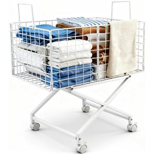 Rolling Laundry Basket with Wheels, 80L Wire Laundry Hamper with Lockable Casters, Sturdy Metal Cart for Clothes Storage, Ventilated Rolling Bin for Bathroom Bedroom (White)