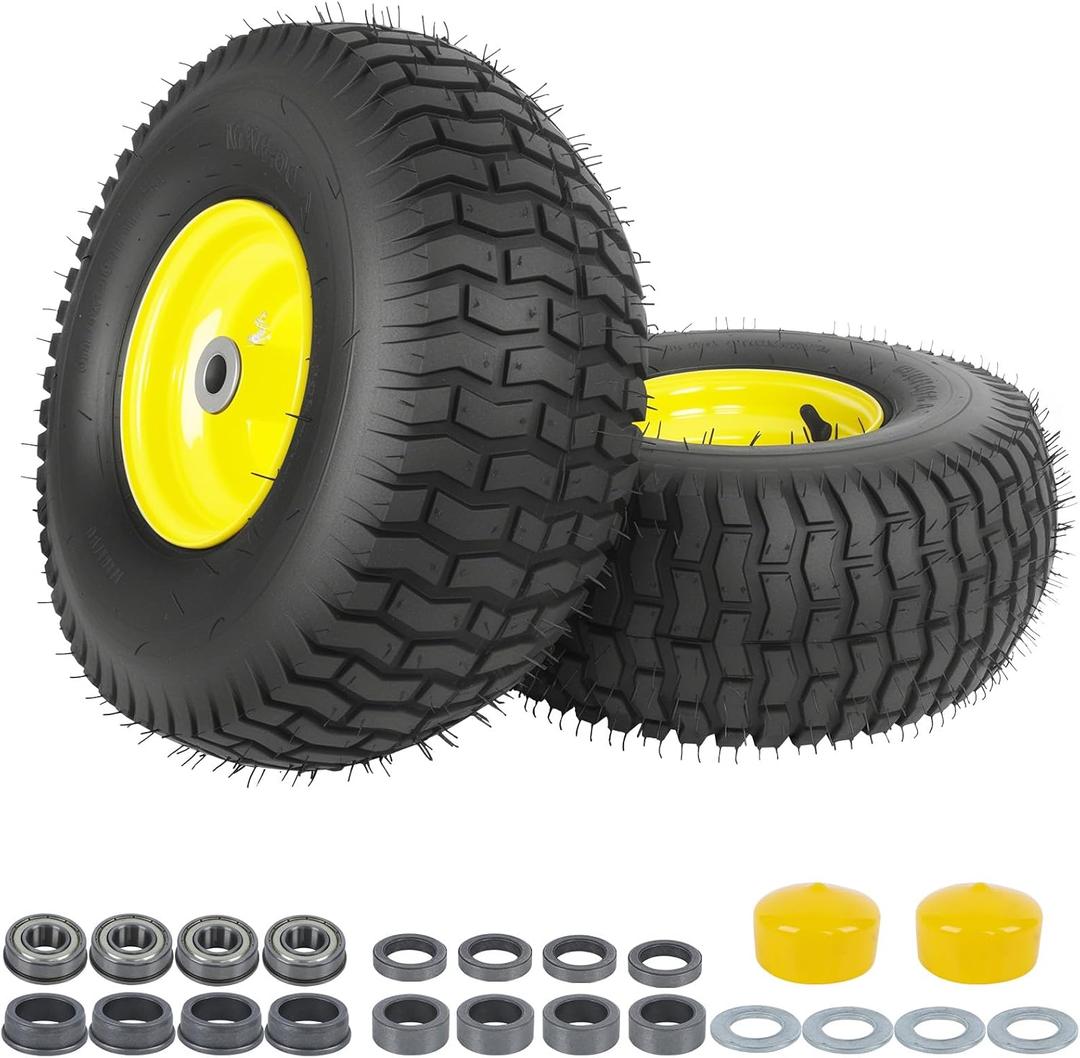 (2 Pack)15x6-6 Lawn Mower Tire and Wheel,Tubeless 15x6.00-6nhs Lawn Mower Tire and Rim,3/4" and 5/8" Bearing,1"Bushings,3" Offset Hub,Compatible with Riding Mowers Front Wheel