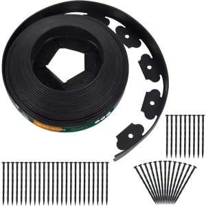No Dig Durable Garden Landscape Edging Kit, 2” Tall Black Plastic Lawn Border with 48pcs Anchoring Spikes for Landscaping, Flower Gardens, Lawn (40FT+48pcs Anchoring Spikes)