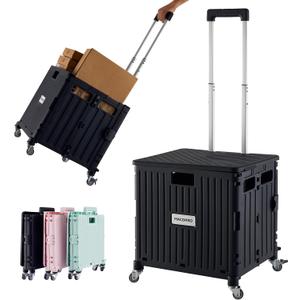 MACOPRO Folding Utility Cart Portable Rolling Crate Handcart Shopping Trolley Collapsible Tool Box, with Lid, Basket on 4 Rotate Wheels, for Grocery, Office, Luggage, Teacher (Black)