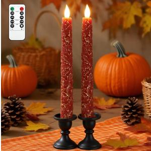 Maple Leaf Fameless Taper Candles with Remote Timer, Carved Red Maple Leaf LED Taper Candles for Home Party Thanksgiving Autumn Harvest Decor, 11" Set of 2