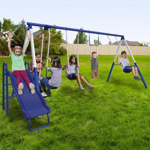 Sportspower Arcadia Metal Swing Set for Kids  Trapeze, 2-Person Glider, 5ft Slide, Anchor Kit, 6.1' Durable Steel Frame  Outdoor Backyard Playset with 600 lb Capacity