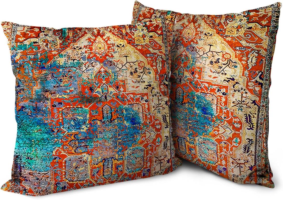 Boho Red Throw Pillow Covers 16x16 inch Set of 2, Bohemian Carpet Double Sided Pattern Soft Plush Cushion Cover for Couch Sofa Bed Decorative, Only Pillowcase (No Insert) (Boho Style 07)