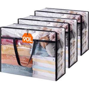 Lifewit 3 Pack Clear Clothes Storage Bags, 90L Plastic Blanket Storage Bag, Vinyl Foldable Moving Bags with ZipperCloset Organizers and Storage Containers for Comforter, Bedding, Duvet, Pillow (90L)