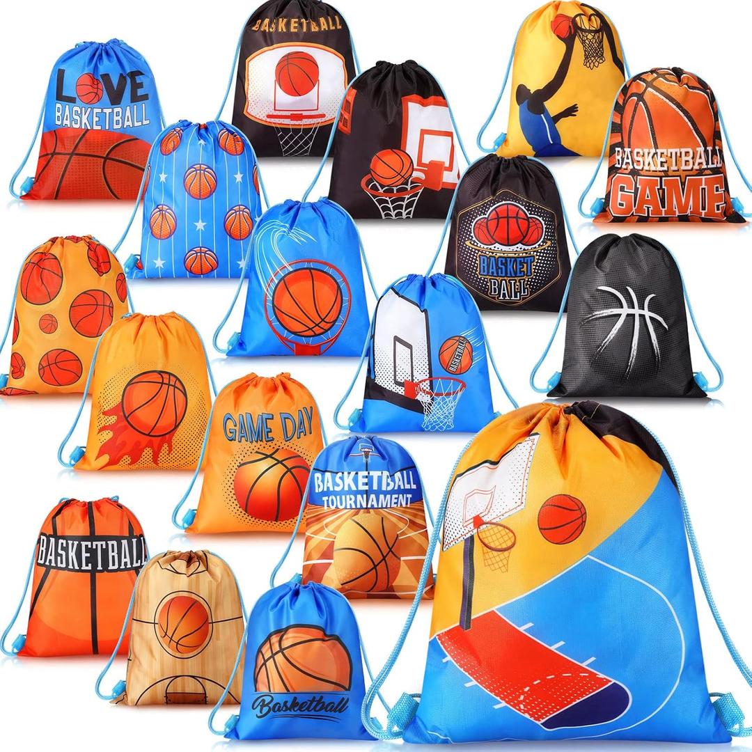 Boao 18 Pcs Basketball Party Favor Drawstring Bags Basketball Gift Bag 10 x 12 Inch Sports Travel Goodie Treat Snack Candy Present 18 Styles Backpack for Sports Gym Team Workout Supplies