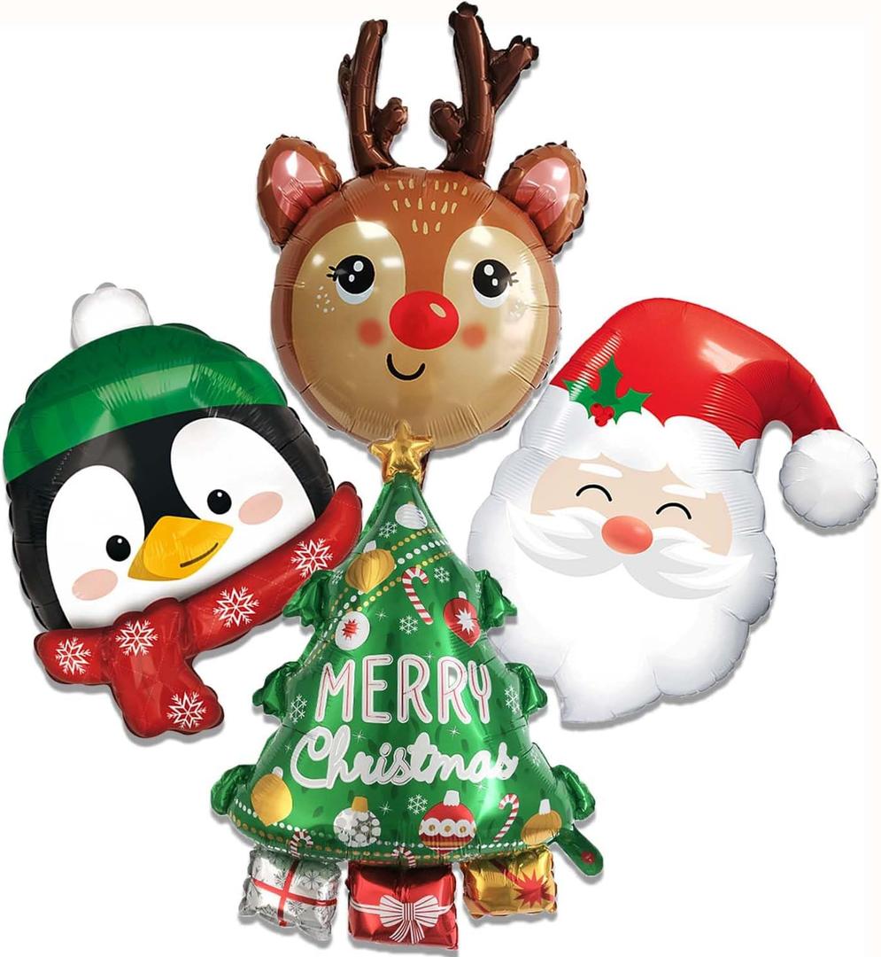 Reindeer Balloon Christmas Foil Balloons Christmas Tree Penguin Santa Claus Balloon for Reindeer Themed Party Decoration Supplies Birthday Decoration Decor Ballons Arch Kits Party Balloons Set 4pcs