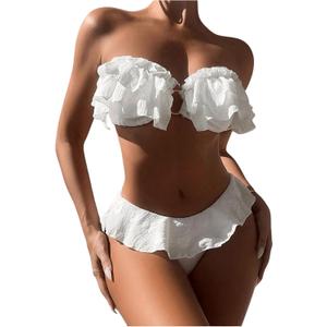 SweatyRocks Women's 2 Piece Bandeau Swimsuit Ruffle Trim Ring Bikini Set Strapless High Cut Bathing Suit (Medium, White)