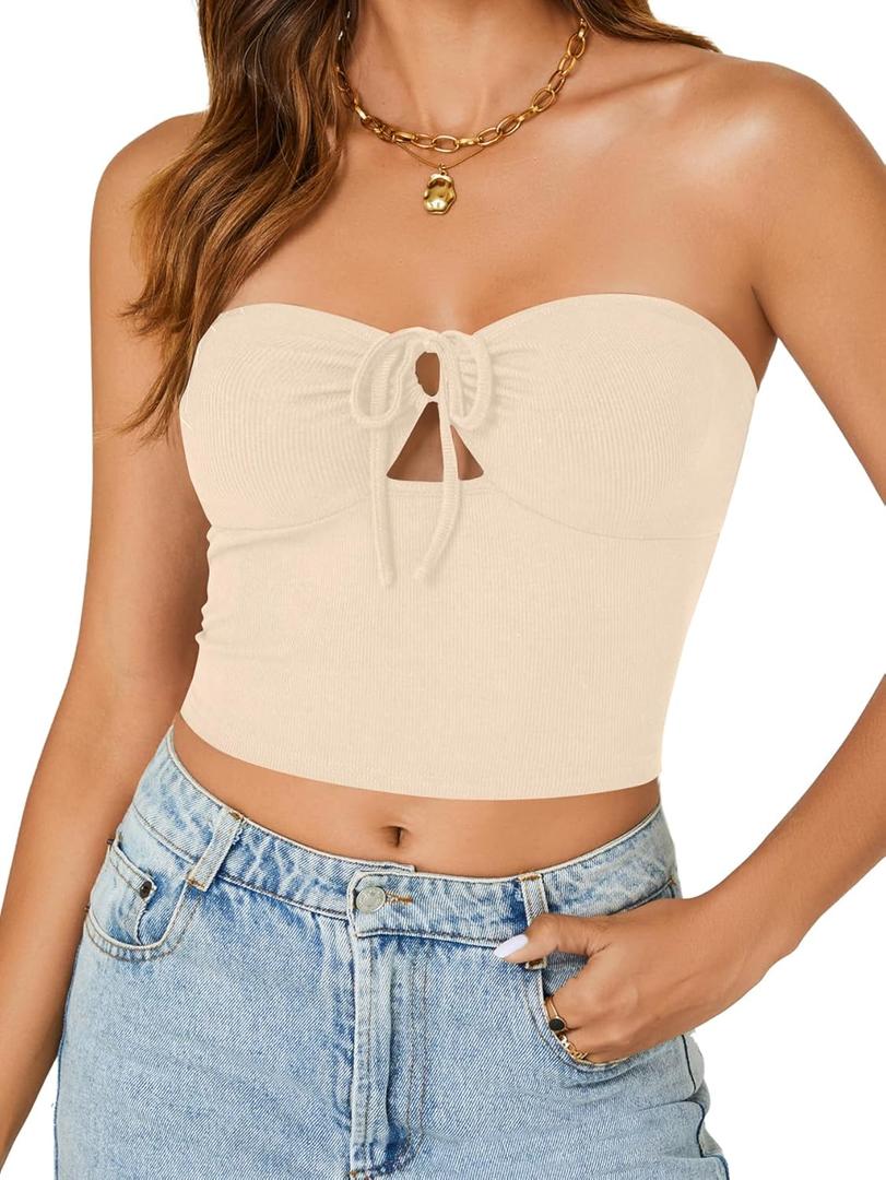 Vrtige Women's Sexy Tube Top Strapless Tie Front Sleeveless Knit Crop Cami Top (XL)