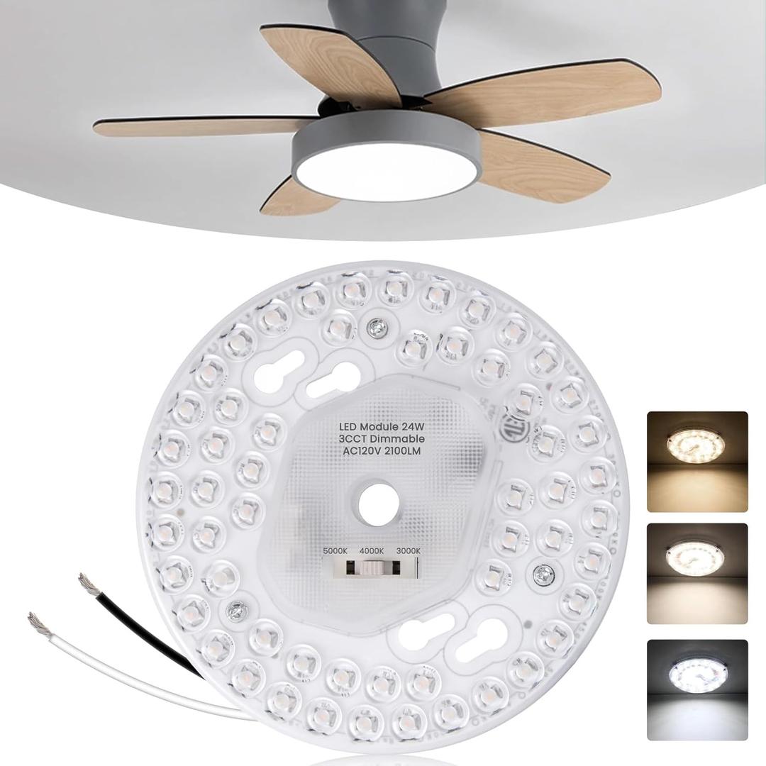 5.1inch Ceiling Fan LED Light Replacement, 24W 2100Lm Ceiling Fan Light kit,3CCT 3000K/4000K/5000K Dimmable LED Engine Retrofit kit for Ceiling Light, Pendant-1Pack
