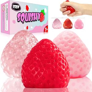 3Pcs Big Taba Squishies Strawberry, Cute Fruit Squeeze Stress Relief Toys, Upgrade Kawaii Sticky Fidget Toys, Party Favors & Birthday Gifts for Kids Ages 4-8, 8-12 Girls Boys (Pink + Red + Sheer)