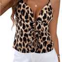 Milumia Women's Leopard Print Tie Bow V Neck Cami Top Spaghetti Strap Camisole (L)