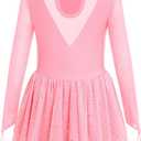 ODASDO Figure Skating Dress for Girls Mesh Long Sleeve Sparkly Sequin Skirted Leotard Ballet Outfit Dancewear (Pink, 11-12Y)
