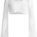 Verdusa Women's Hollow Out Sheer Long Sleeve Sweater Knit Crop Pullover Top X-Small