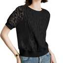 Women's Lace Pattern Round Neck Tops - Semi-Sheer Short Sleeve Tee, Embroidered Summer Blouse (XX-Large, Black)