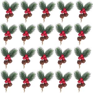 20 Pieces Artificial Christmas Floral Picks, Red Berry Picks and Sprays, Christmas Fake Pine Branches Evergreen Branch Holly Stem, DIY Artificial Flowers Wreath Wedding Home Decor Xmas Ornaments
