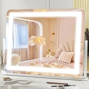 HNV Vanity Mirror with Lights – 22" x17 Large Lighted Makeup Mirror, Dimmable 3-Color LED, Touch Screen, 360° Rotation for Desk/Bedroom (White)​