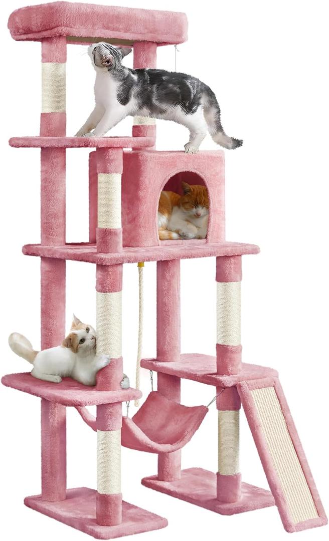 Yaheetech Cat Tree Cat Tower, 63in Multi-Level Kitten Tree w/Sisal-Covered Scratching Posts & Condo, Pet Furniture Activity Center for Kitty, Pink