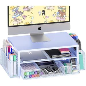 OPNICE Desk Organizers and Accessories, 2-Tier Computer Monitor Stand Riser with Drawer and 2 Pen Holders, Laptop Stand, Office Desk Accessories for Office Supplies, Blue